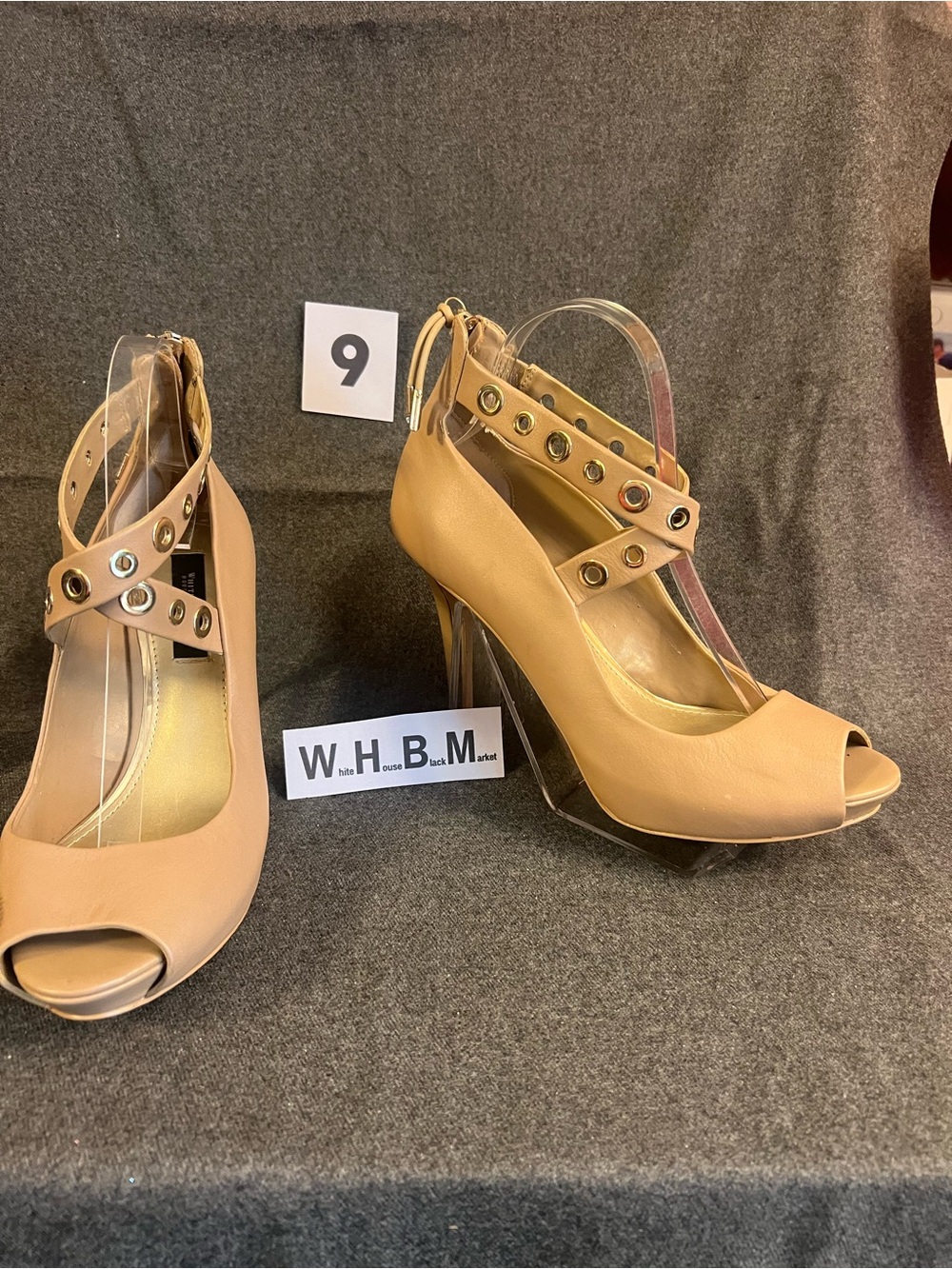 White House Black Market Tan Peep-Toe Ankle-Strap Heels with Stud Accents